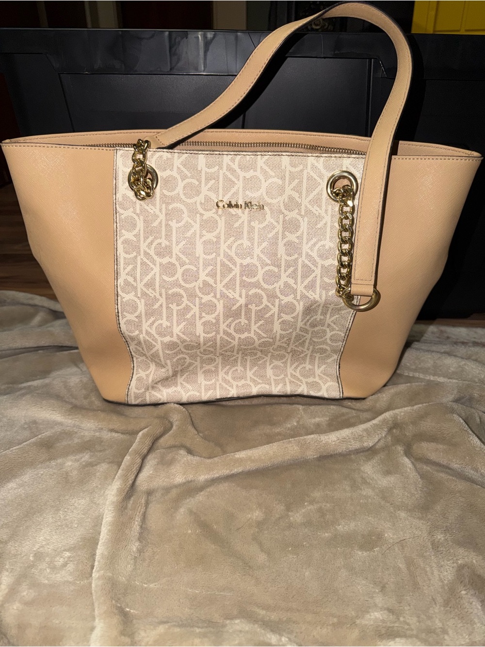 Calvin Klein Beige & Cream Monogram Tote with Gold Chain Accents